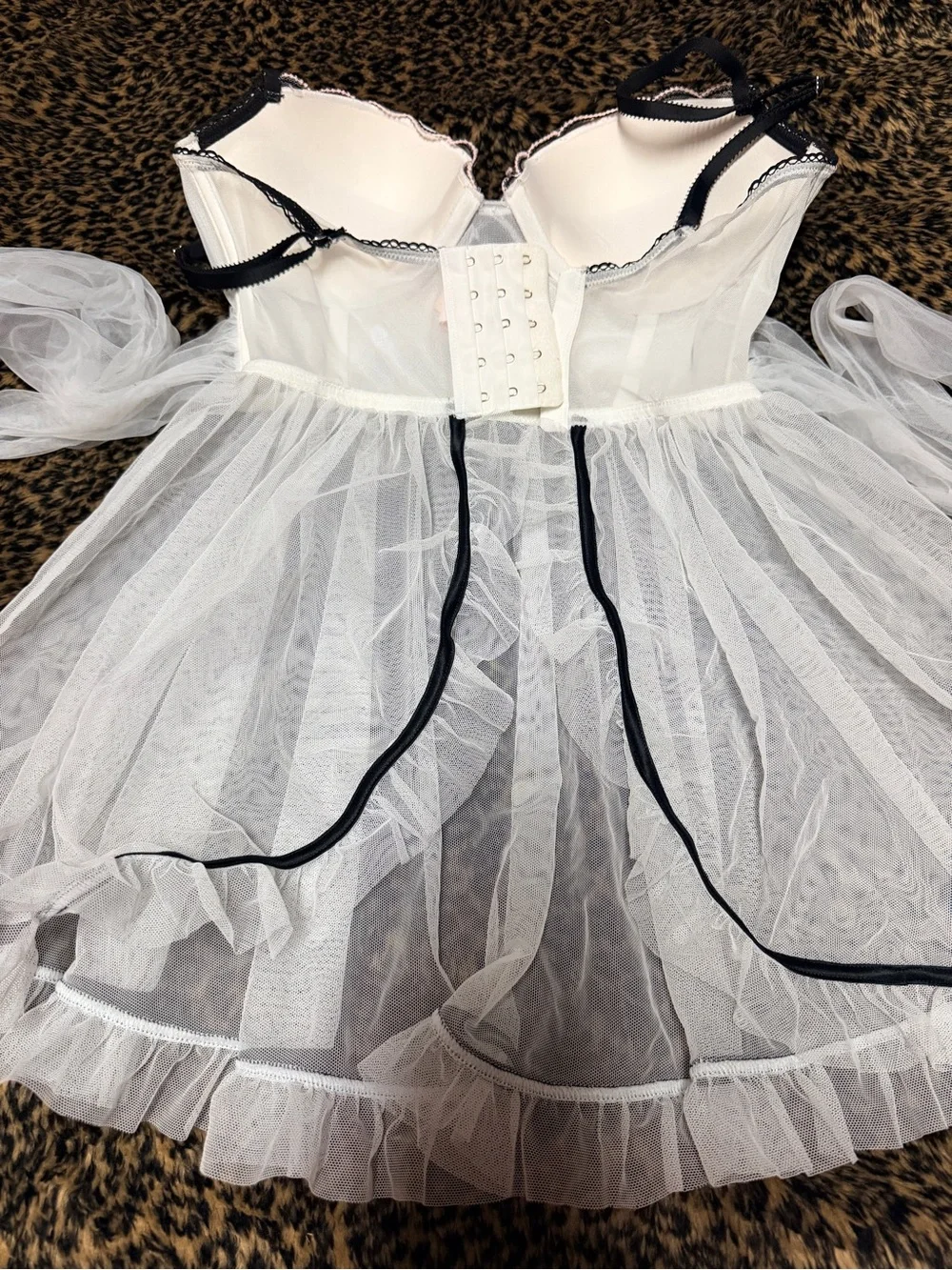 NWT Victoria Secret Sheer White & Pink Babydoll Lingerie with Black Trim